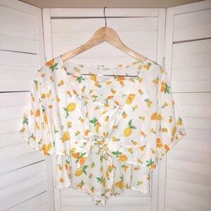 Jolie & Joy Lemon Print Tie Front Crop Top & Shorts 2PC Plus SZ 2X
